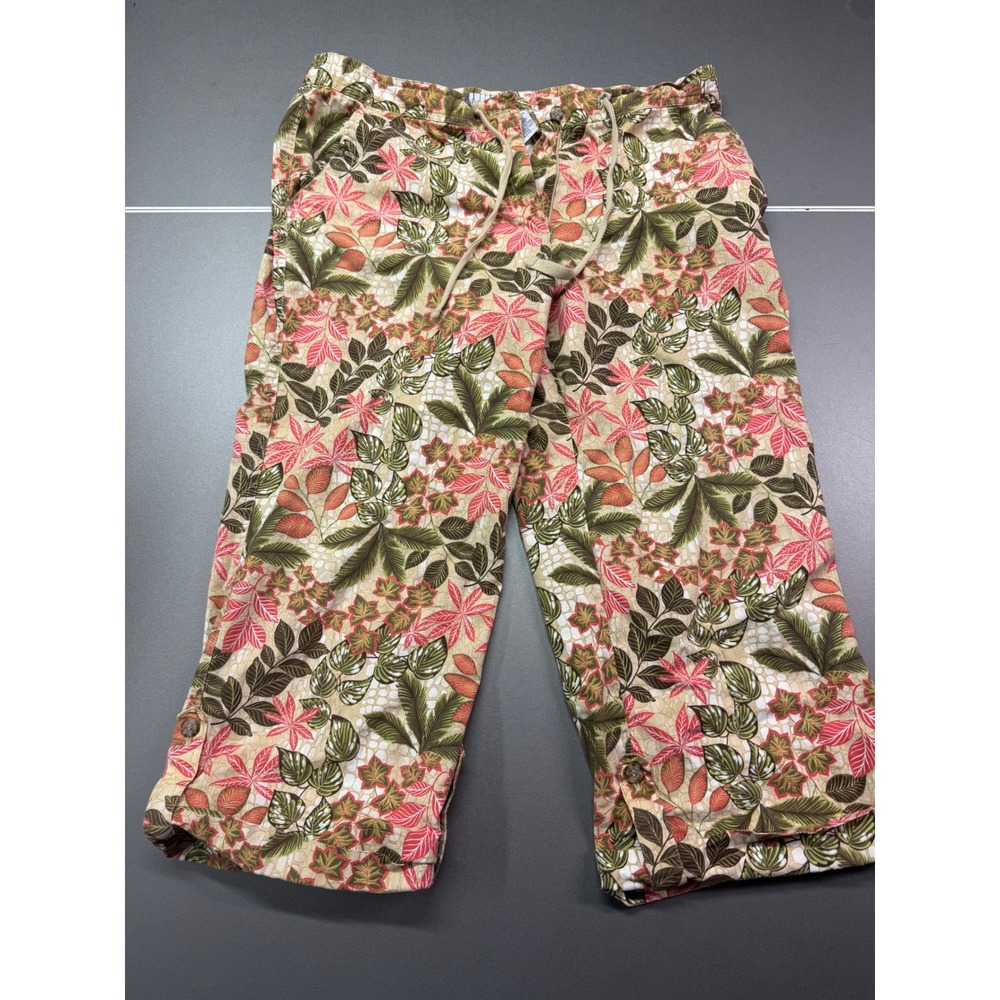 Sag Harbor Sport Womens 16 Tropical‎ Leaf Capri Pants Green Coral Stretch Cotton
